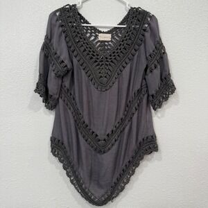Dreamers‎ Crochet Trim Tunic Top Gray Boho Festival Beach Cover Up Size Large